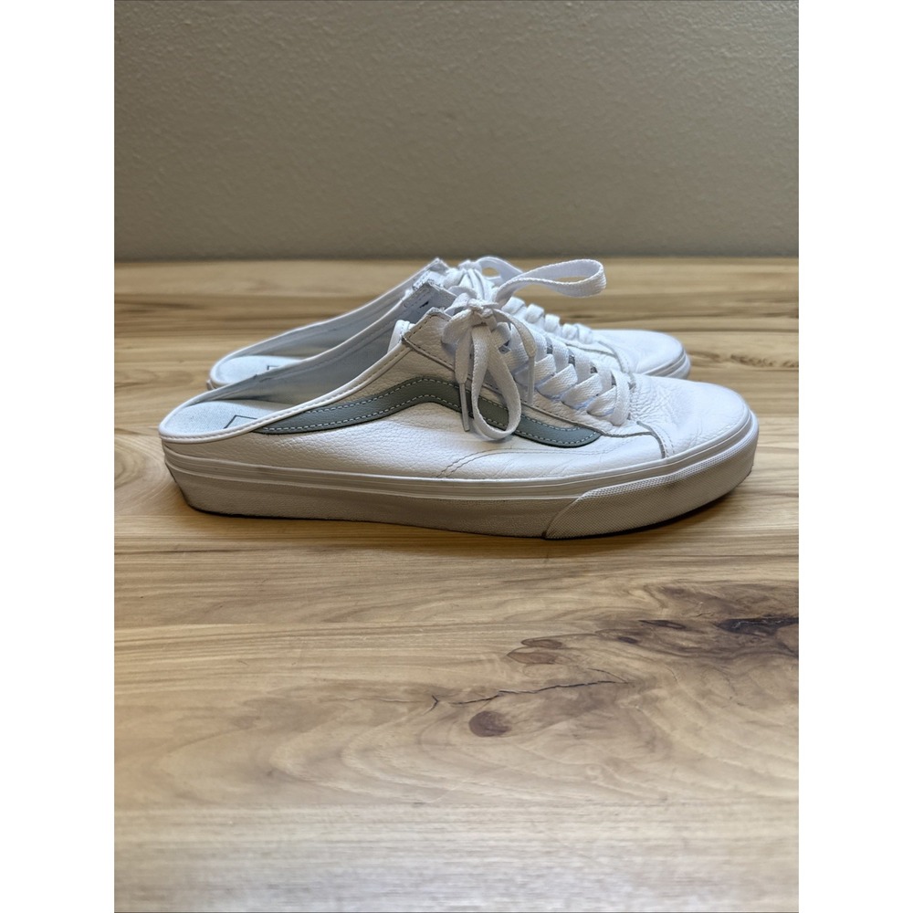 Vans White Leather Mule Sneakers with Pale Blue Side Stripe